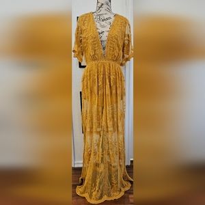 Honey Punch As You Wish Embroidered Maxi Dress Golden Yellow Sz Med.